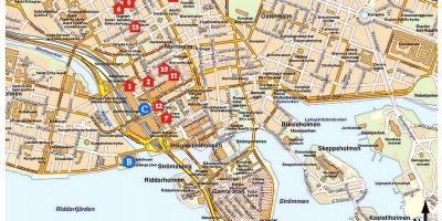 स्टॉकहोम में पर्यटकों के आकर्षण का नक्शा